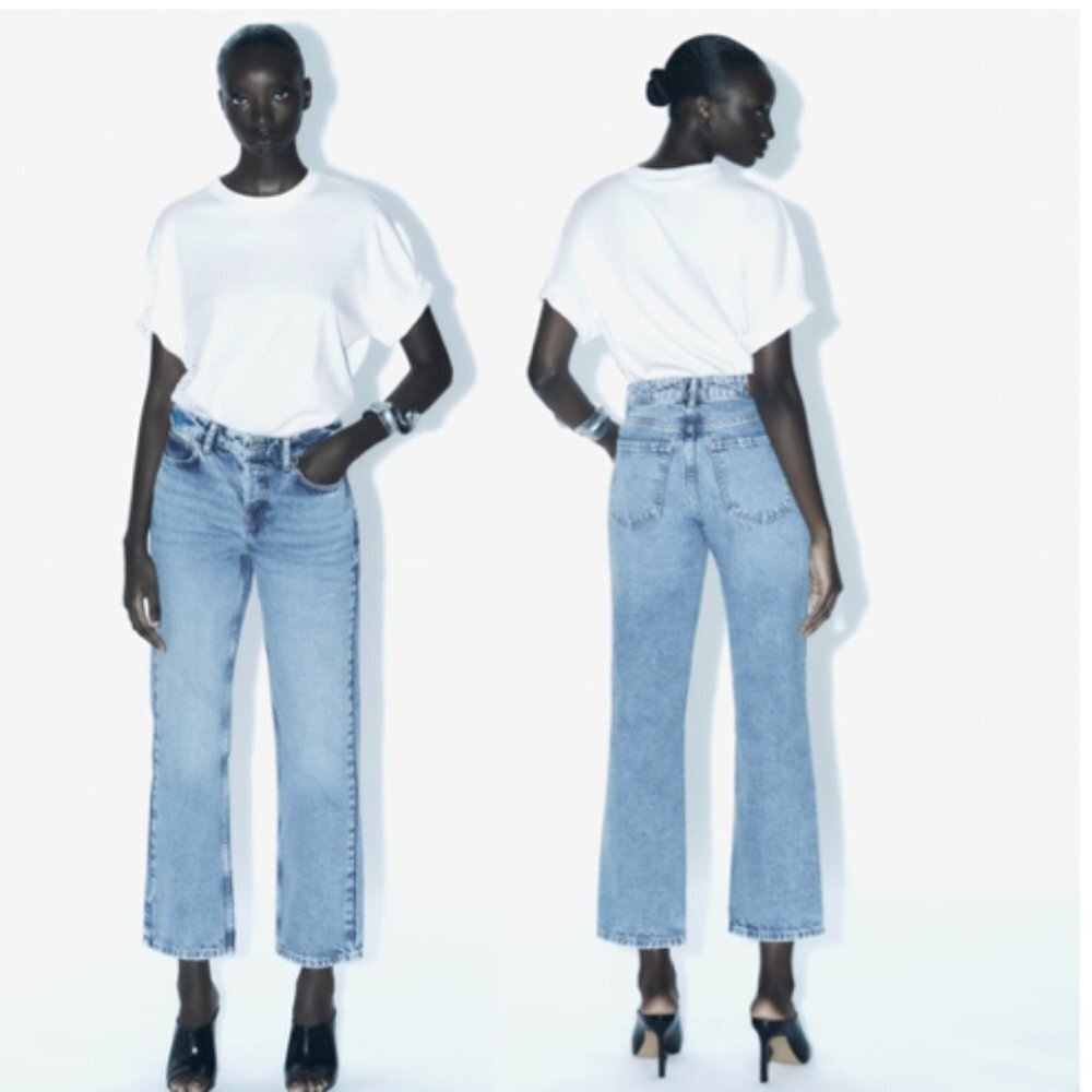 Zara High Rise Straight Leg Jeans Z1975 Mid Blue Size 8